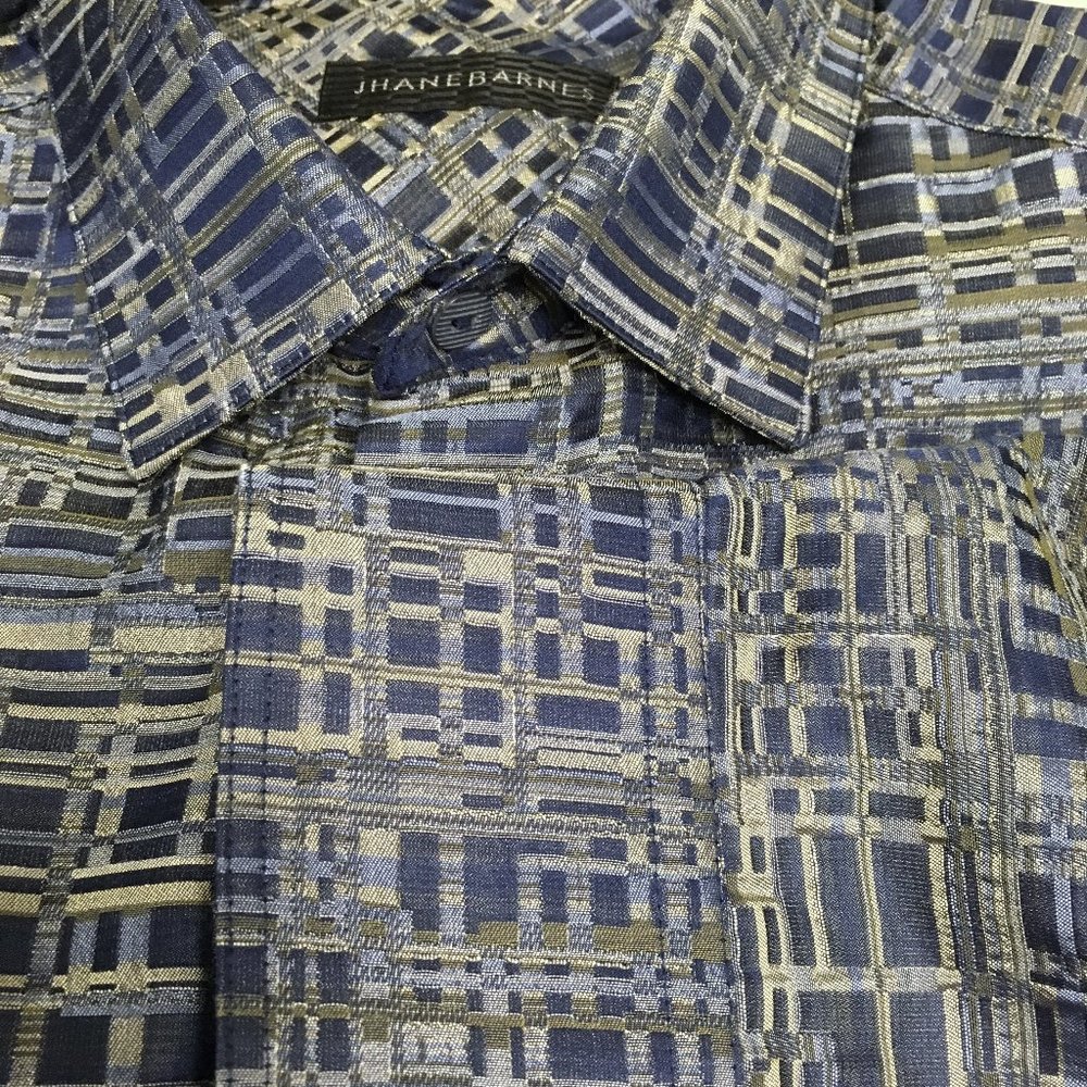 New JHANE BARNES BLUE SILVER Gray ART TO WEAR silk cotton plaid SHIRT Designer M